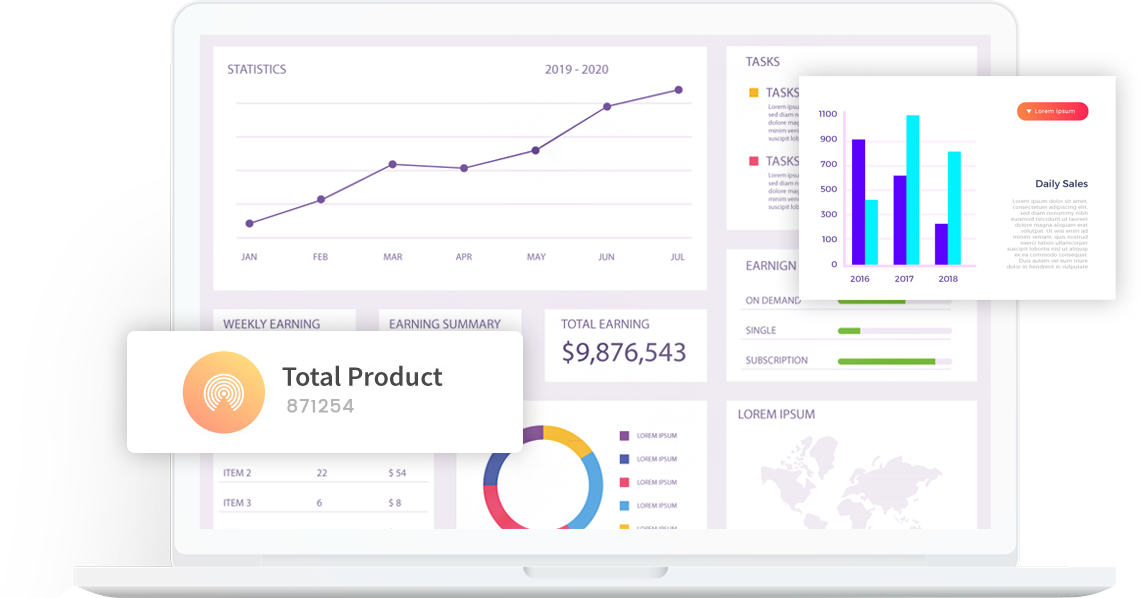 Dashboard illustration showing web and mobile solutions